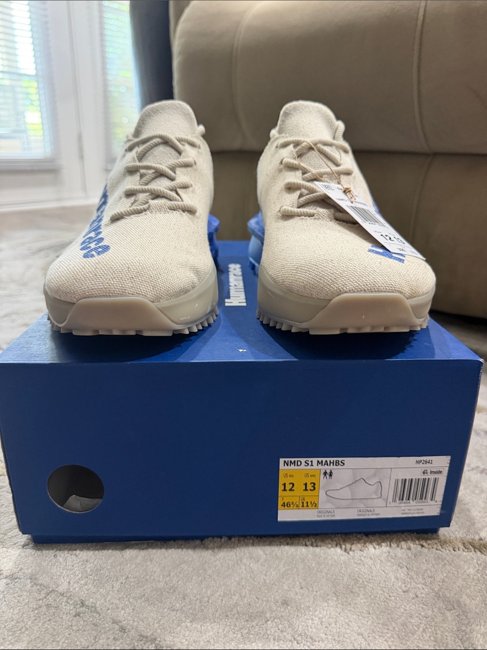 adidas men’s NMD S1 MAHBS HUMANRACE Cream Knit Sneakers with Blue Accents